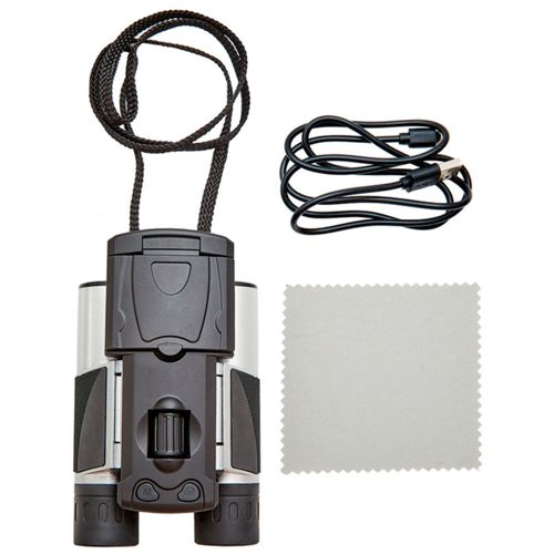 Kompakte Fernglas mit Nackenkabel, USB-Kabel und Reinigungstuch.