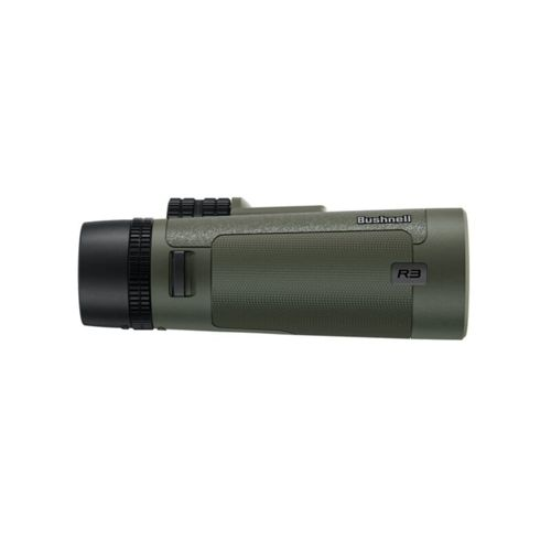 Un monocolo Bushnell R3 verde con ghiera di messa a fuoco e lente nera.