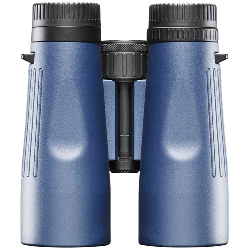 Blaue Fernglas mit schwarzem Fokusrad und Riemenhalterung.