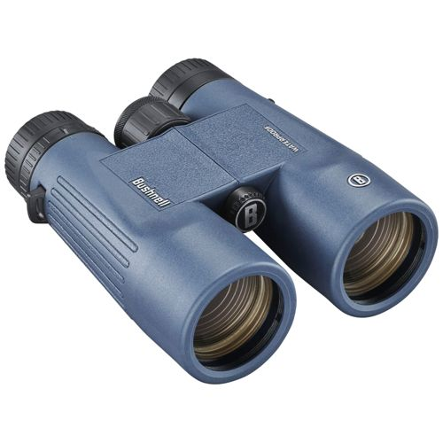 Eine blaue Bushnell-Fernglas mit Fokusrad und der Aufschrift "WATERPROOF".