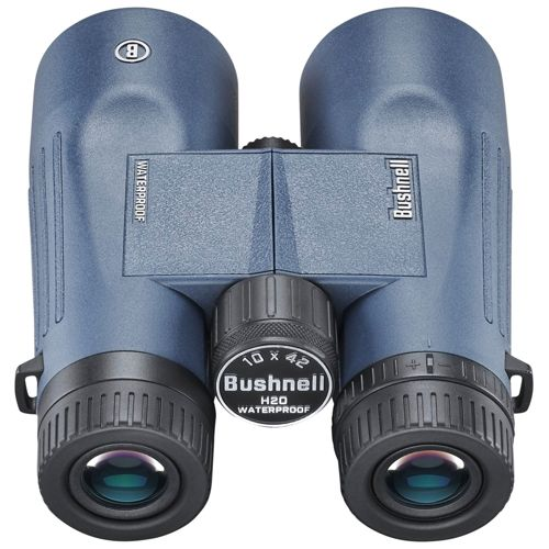 Blaues Bushnell Fernglas mit schwarzem Fokusrad und Objektivkappen.