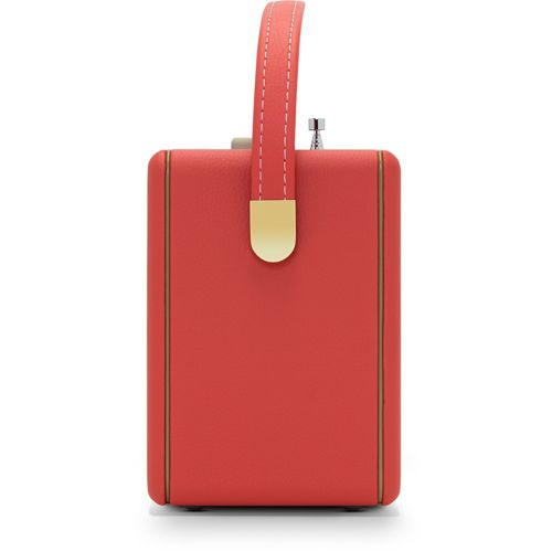 Roter Koffer-Lautsprecher mit goldenem Griff und silbernem Knopf.