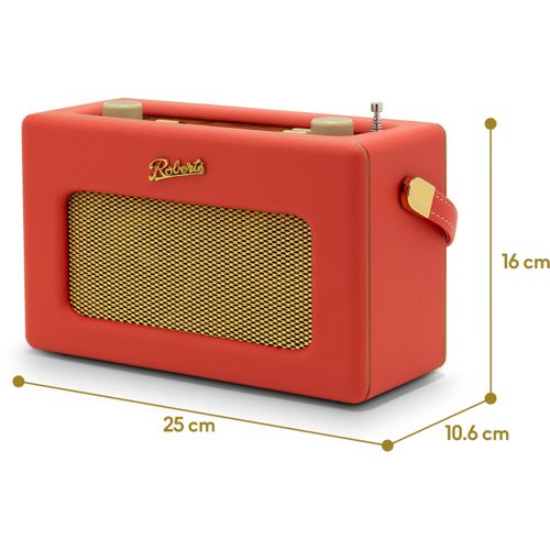 Ein orangeroter Roberts-Radio mit goldenem Lautsprechergitter, Maße 25x16x10,6 cm.