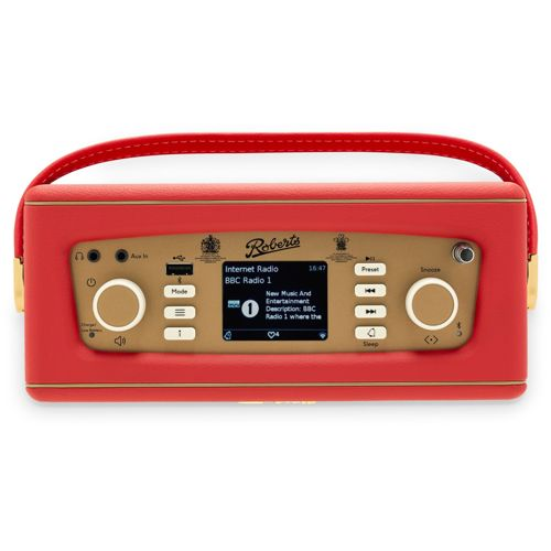 Ein rotes Roberts Internetradio mit goldener Blende und
Bedientasten.