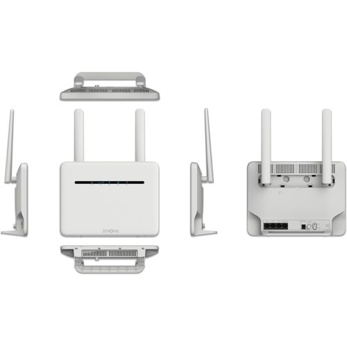 Un router WiFi bianco con antenne e porte viene mostrato da diverse angolazioni.