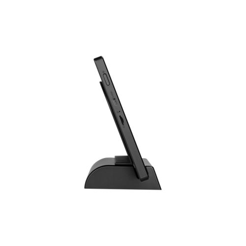 Ein schwarzes Tablet auf einem schwarzen Ständer, von der Seite gezeigt.