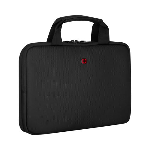 Schwarze Laptoptasche mit rotem Schweizer Kreuz-Logo und zwei Henkeln.