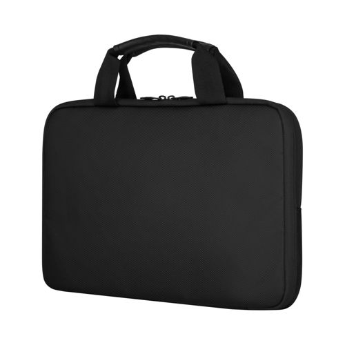 Schwarze Laptoptasche mit Griffen und Reißverschluss.