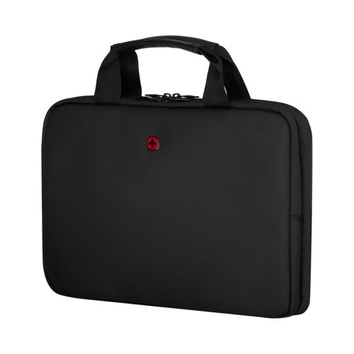 Schwarze Laptoptasche mit zwei Henkeln und rotem Logo. Die Tasche hat einen Reißverschluss.