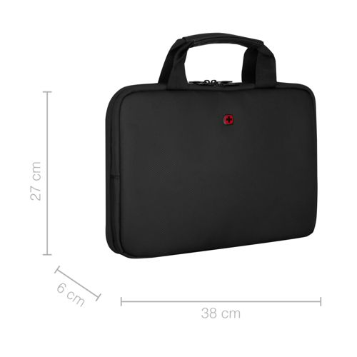 Schwarze Laptoptasche mit Griffen, 38x27x6 cm, mit rotem Kreuz-Logo.