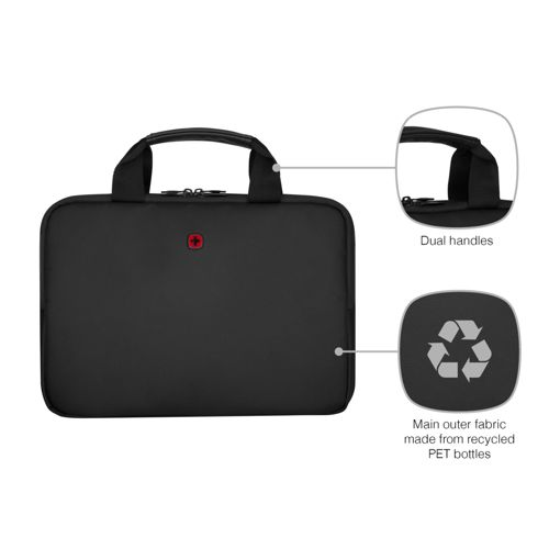 Schwarze Laptoptasche mit Doppelgriffen und Recycling-Symbol.