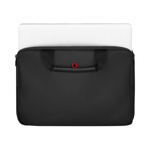 Schwarze Laptoptasche mit Laptop teilweise darin, mit rotem Kreuz-Logo.