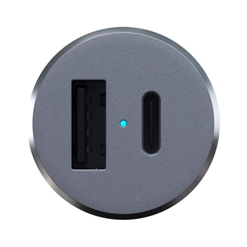 Caricatore per auto grigio con porte USB-A, USB-C e indicatore LED blu.