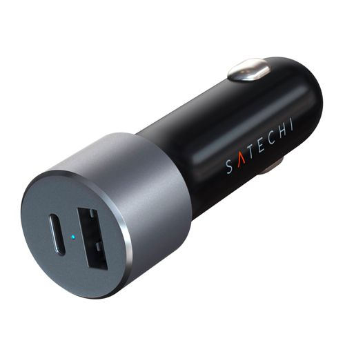 Caricabatterie auto Satechi nero con porte USB-C e USB-A, parte anteriore argentata.