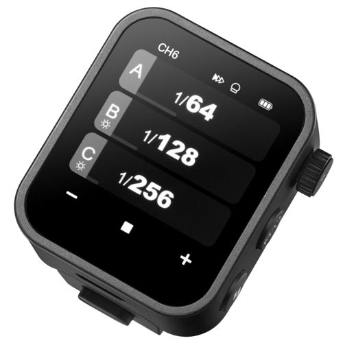 Un dispositivo nero con touchscreen che mostra CH6, A 1/64, B 1/128 e C 1/256.