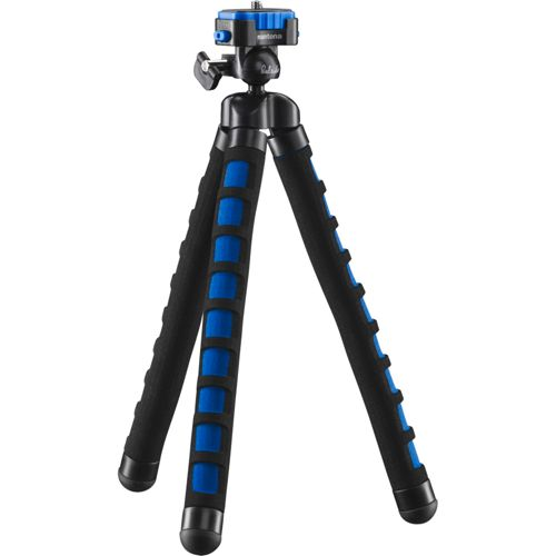 Una testa di treppiede flessibile nera e blu con tre gambe pieghevoli.