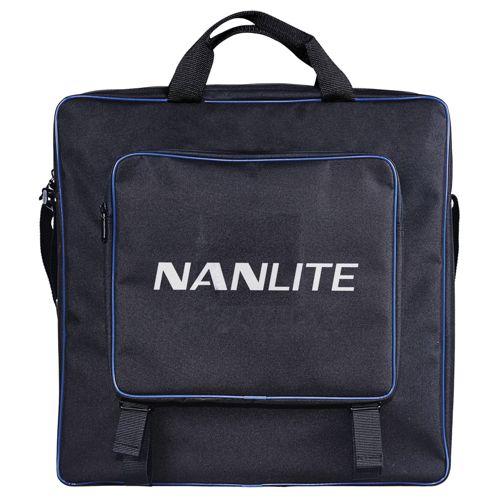 Eine schwarze Nanlite-Tasche mit blauer Paspel und Griffen. Sie hat eine Fronttasche.