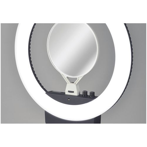 Ein beleuchteter Ringlichtspiegel mit einstellbaren Knöpfen.
