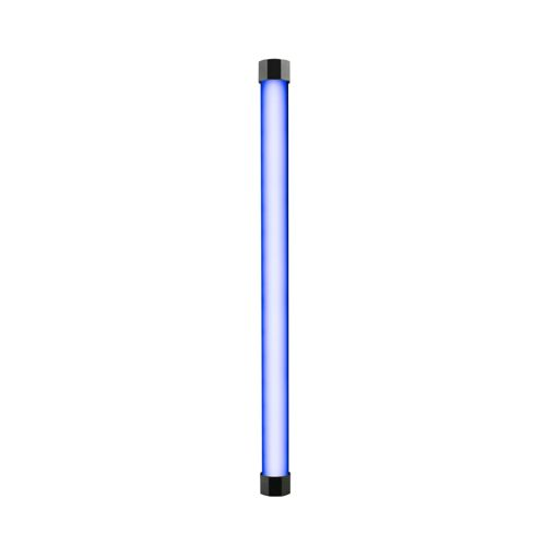 Eine blaue Leuchtstoffröhre mit schwarzen Endkappen auf weißem Hintergrund.