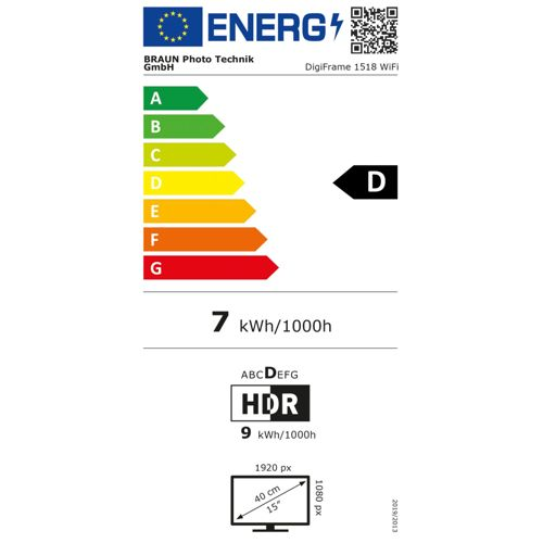 Energielabel mit Effizienzklasse D, 7 kWh/1000h. HDR mit 9 kWh/1000h.