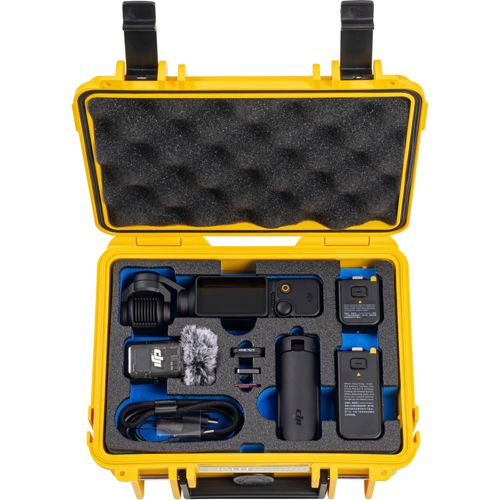 Gelber Koffer mit Kamera, Mikrofon, Batterien und Kabeln