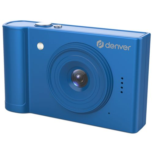 Eine blaue Denver Digitalkamera mit Objektiv und Tasten oben.