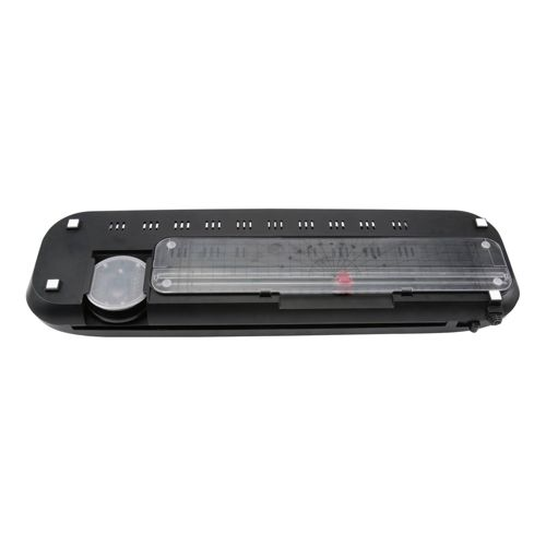 Schwarzer Laminator mit transparentem Deckel und einem Rad links.