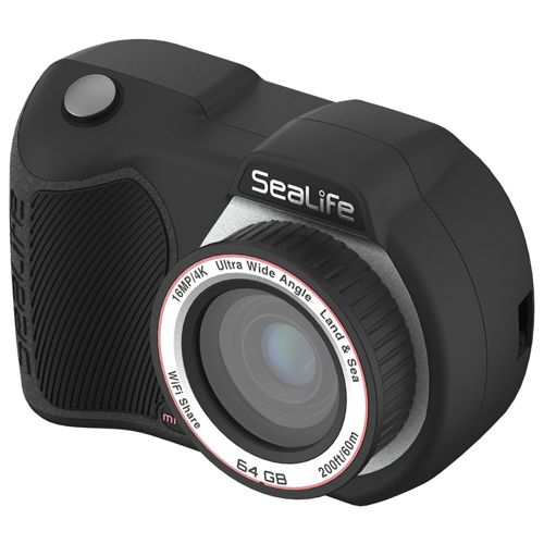 Schwarze SeaLife Kamera mit Ultra-Weitwinkelobjektiv, 16MP/4K, 64GB, 60m wasserdicht.