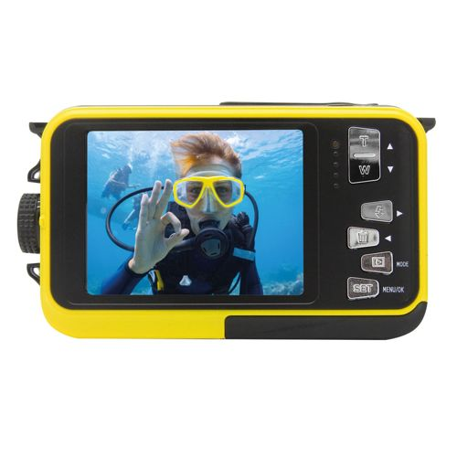 Fotocamera gialla mostra un subacqueo che fa segno OK sott'acqua.