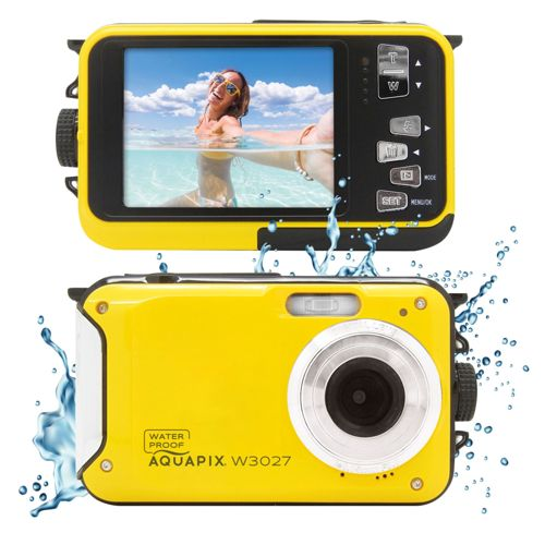 Fotocamera gialla impermeabile con schermo LCD che mostra una donna in spiaggia.