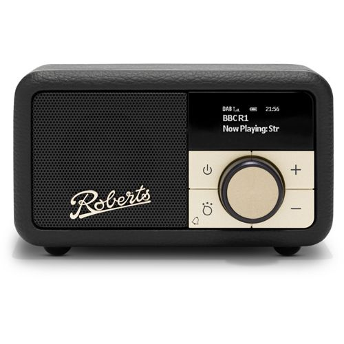 Una radio Roberts nera con altoparlante, display e manopola.