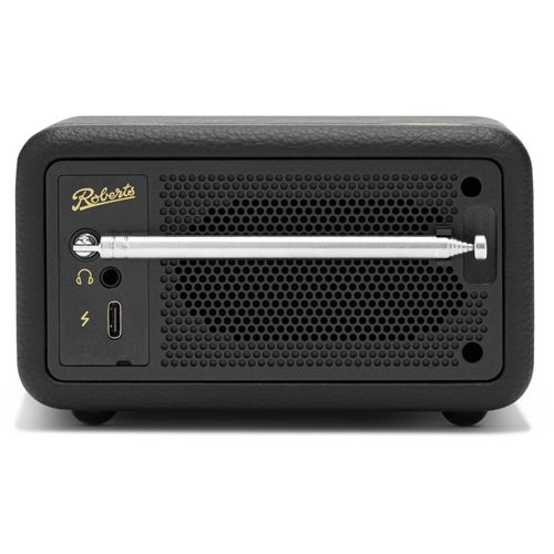 Radio Roberts nera con antenna estensibile, jack cuffie e porta USB.