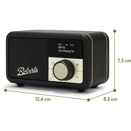 Una radio Roberts nera con finiture dorate, quadrante rotante e display.
