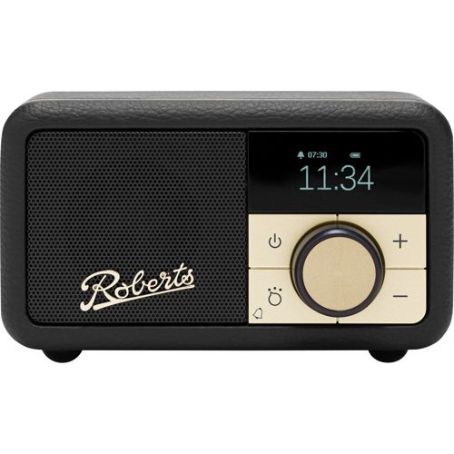 Una radio Roberts nera con quadrante e display dorati.