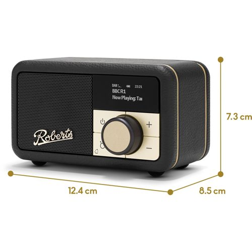 Radio Roberts nera con finiture dorate, altoparlante e display.