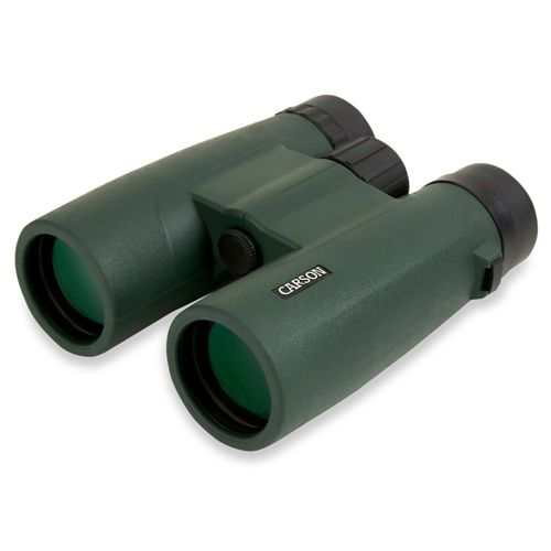 Binocolo verde scuro con copriobiettivi neri e rotella di messa a fuoco.