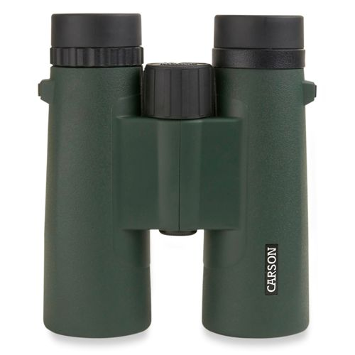 Binocolo verde scuro con tappi neri e rotella di messa a fuoco.