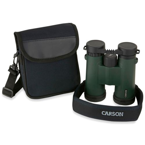 Binocolo verde con custodia nera e cinghia con logo "CARSON".