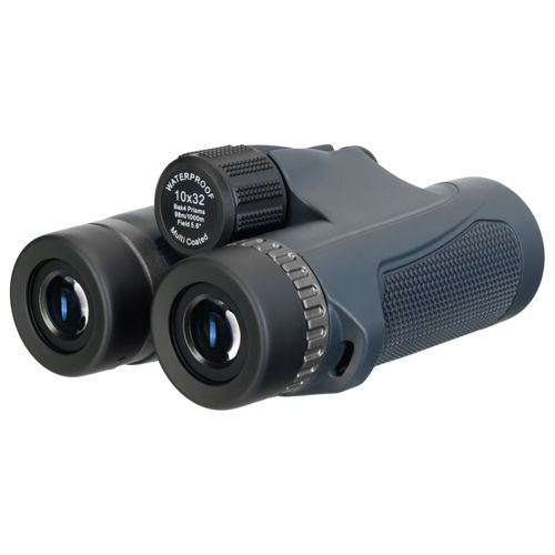 Binocolo grigio con ingrandimento 10x32 e design impermeabile.