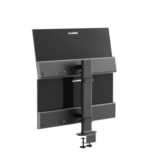 Rückansicht eines doppelten Monitorarms mit zwei schwarzen Monitoren und Klemme.