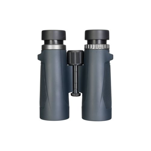 Binocolo grigio con rotella di messa a fuoco e oculari neri, isolato.