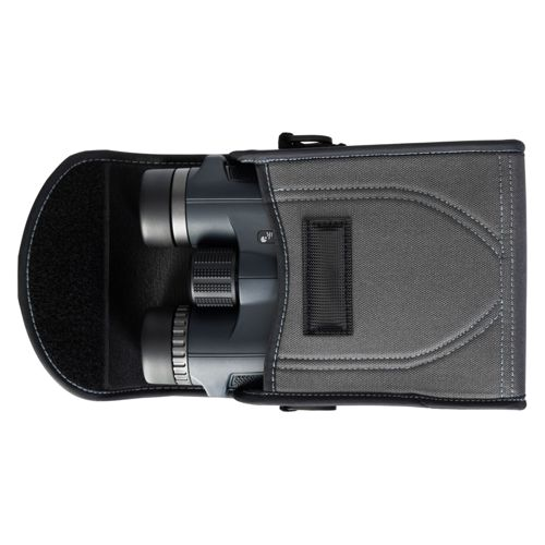 Custodia grigia per binocolo con chiusura in velcro nero, contiene binocoli scuri.