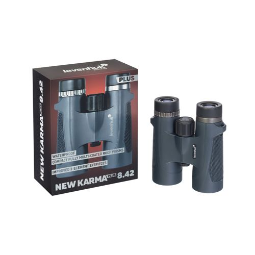 Un binocolo Levenhuk New Karma 8.42 Plus grigio scuro e la sua scatola.