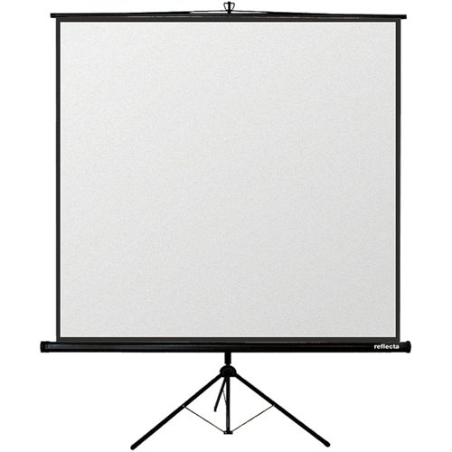 Ein weiße Leinwand auf einem schwarzen Stativ mit Metallstreben.