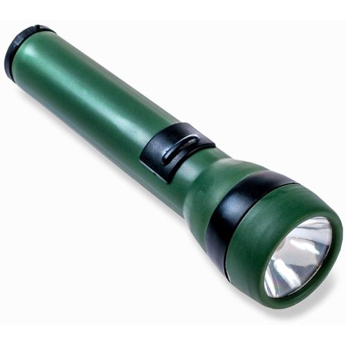 Eine grüne Taschenlampe mit schwarzem Griff und schwarzem Band um den Kopf.