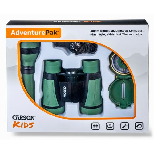Grünes Outdoor-Set mit Fernglas, Kompass und Taschenlampe.