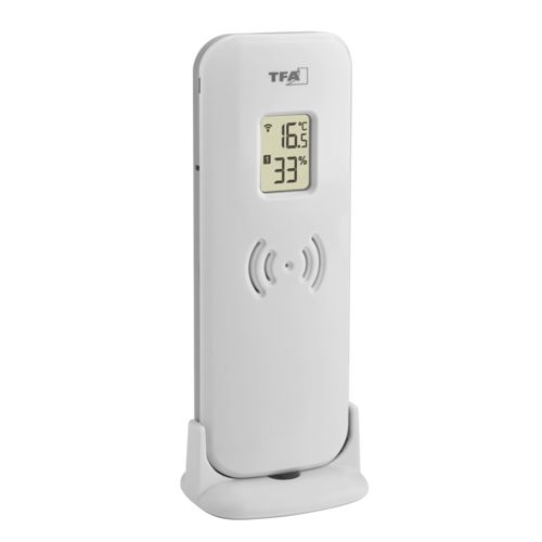 Ein weißes TFA-Thermometer mit Display zeigt 16,5°C und 33% Luftfeuchtigkeit.