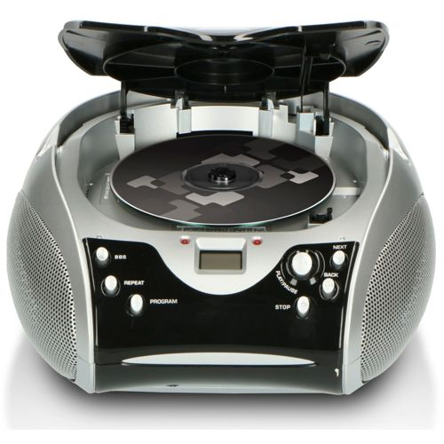A silver and black CD player with its lid open and a CD inside.