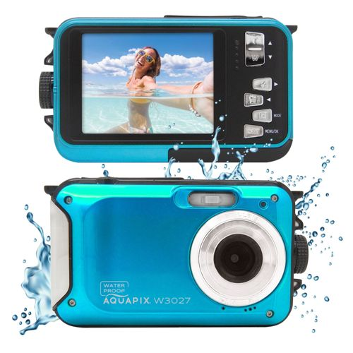 Blauer wasserdichter Aquapix W3027 Fotoapparat mit Bild einer Frau im Wasser.