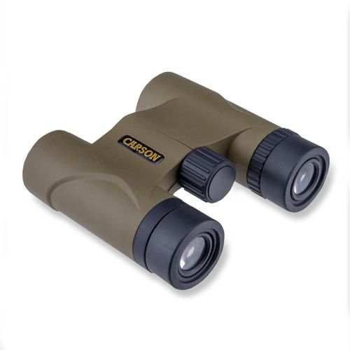 Braune Carson-Fernglas mit schwarzer Fokussierlinse und Objektivkappe.